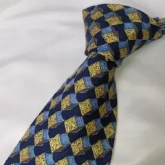 美品■Ermenegildo Zegna ネクタイ 総柄 ブルー×イエロー 立体
