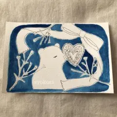 原画　水彩画　しろくま　花　リボン　ハート　ポストカード　オリジナルイラスト
