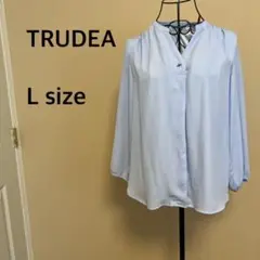 【TRUDEA】ノーカラーシャツ/ブラウス/ライトブルー/シンプル/無地
