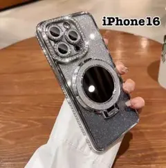 【iPhone16】ミラー・リング付き　キラキラiPhoneケースシルバー