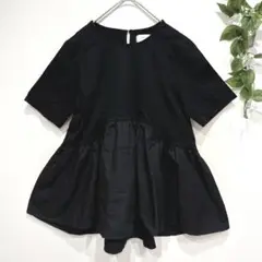 オペークドットクリップ　ペプラムドッキング　カットソー　異素材　Aライン　黒　S
