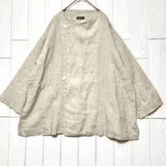 plantation リネン100% ノーカラージャケット ゆったり ナチュラル