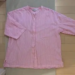 美品　Anne‘s pocket ストライプ　シャツ　バンドカラー　ピンク　M