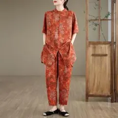 セットアップ上下 プリント ブラウス レトロ＆ゆったり テーパードパンツ