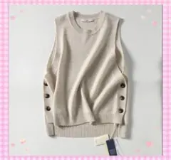 ニットベスト レディース スリット ベスト 秋 大人可愛い シンプル アイボリー