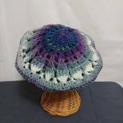 ベレー帽　マルチカラー　ウール混　ハンドメイド　透かし編み