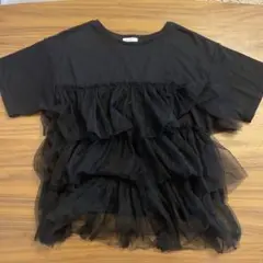 【美品】3段チュールTシャツ オーガンジー M 黒 ブラック