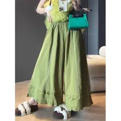ワイドパンツ おしゃれ度高め 切り替 フラワーパターンフリル 着痩せ 綺麗め