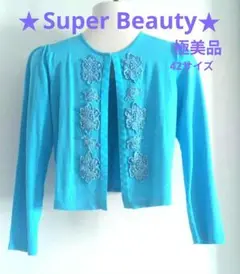 ♥セール【Super Beauty】水色刺繍入りニットカーディガン 42