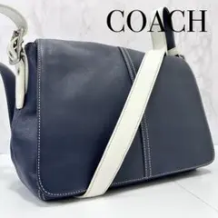 美品 COACH 本革 メッセンジャーバッグ 斜め掛け 自立 ネイビー
