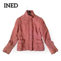 美品◆イネド ハイネックツイードテーラードジャケット【9】赤　フリンジ 日本製