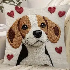 新品 クッションカバー 刺繍風 プリント 犬 ビーグル 動物 リアル ハート