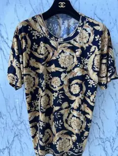 黒フローラルデザイン 半袖Tシャツ 100%コットンL