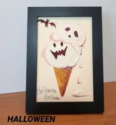 【ハロウィン】アイスクリーム アクリル画 テクスチャーアート ゴースト 額縁付き