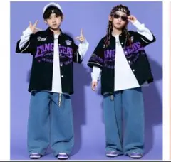 【キッズダンスにおすすめ】ヒップホップ 半袖シャツ 黒/紫