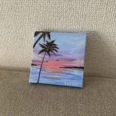海と夕焼け　自作のアクリル画　10センチ×10センチ×1.3センチ
