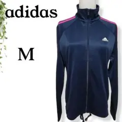 【人気ブランド】adidas ジャージトップス ピンクライン ハイネック 紺 M