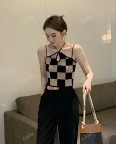 チェック柄ホールカットキャミトップ