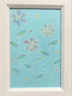 フラワーアート　手描き　フレーム付き　お花アート　インテリア　水色　イラスト