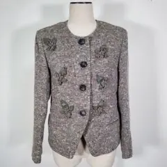 美品 PARIENNE レディース ノーカラージャケット 茶グレー 肩パッド M