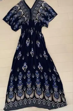 一枚布　エスニックロングワンピース　ネイビー　リゾート