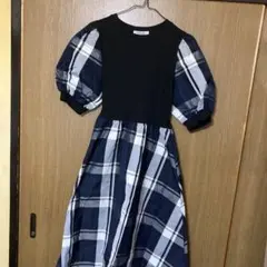 【新品未使用】人気！ネイビーとホワイトのチェック柄 半袖ロングワンピース L