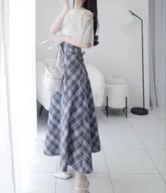 肩開きプリーツブラウスドッキングチェックワンピース アイボリー/ブルー