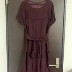 パープル ウエストリボン 半袖ワンピース