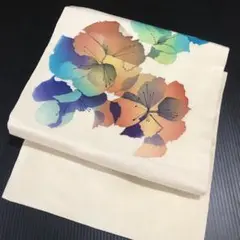 三通名古屋帯　花柄　クリーム色　ポリエステル　540-3