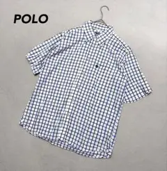 【ポロ】美品 ボタンダウン チェックシャツ L ブルー系 メンズ 夏物 綿100