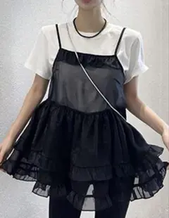 ダブルフリル付き黒キャミソールチュニック