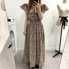 新品 ロングワンピース ウエストシャーリング マキシワンピース 花柄 M /01
