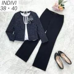 INDIVI インディヴィ　パンツスーツ　フォーマル　ビジネス　ツイード　紺黒
