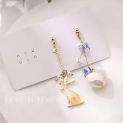 No.445 バタフライラビットハートピアス 韓国 上品 量産型 地雷 うさぎ