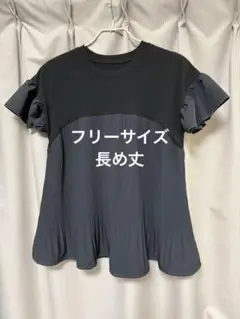 フリル袖プリーツTシャツ 黒グレー