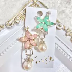 ハンドメイドイヤリング【No.078】痛くない 花 アシンメトリー パール