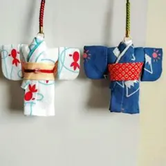 さらし布で作った浴衣ストラップ2個セット 流水金魚と富士山