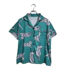 開襟シャツ グリーン 2XL 総柄 虎プリント 半袖 カジュアル メンズ
