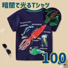 【100】光る Ｔシャツ 水族館 キッズ 男の子 長袖 夜光 紺 保育園 魚 綿