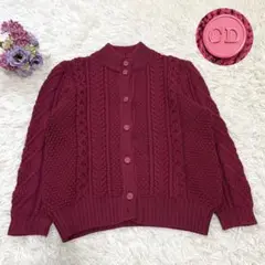 美品 Christian Dior CDボタン ケーブル編みカーディガン えんじ