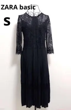 ザラベーシック　レースプリーツワンピース　ブラック　S