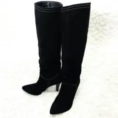 【銀座かねまつ】 スエード ロングブーツ 23cm ブラック 黒