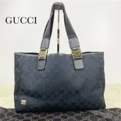 美品 グッチ ハンドバッグ GG柄 ホースビット キャンバス A4可 ブラック