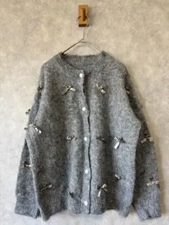 0086 レディース長袖カーディガングレーリボン大人可愛いガーリー