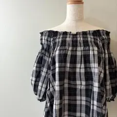 イーハイフン 半袖 チェック ブラウス オフショル フリー 黒xグレー