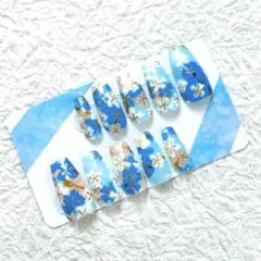 【現品限り】 ネイルチップ 和紙 和風 水色 青 ブルー 花柄