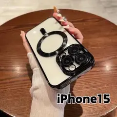 iPhone 15 ケース ブラック クリアケース メタリックフレーム 耐衝撃