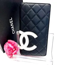 【美品】CHANEL カンボンライン 二つ折り 長財布 ブラック×蛍光ピンク