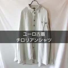 ユーロ古着 チロリアンシャツ ライトグレー 48 リネンコットン