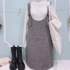 Uネックチェックジャンパースカート fint